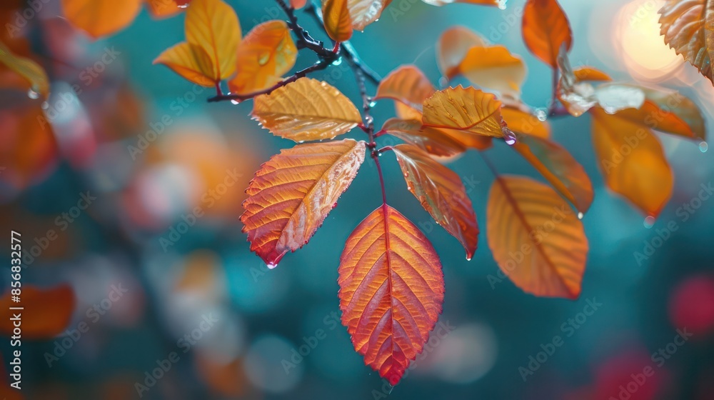 A leaf is hanging from a tree and has water droplets on it A leaf is hanging from a tree and has water droplets on it