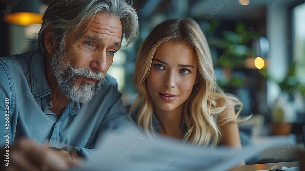 A photographic style of two financial analysts discussing financial data at a desk, modern office environment, bright and airy space, thoughtful expressions, office plants in the background.