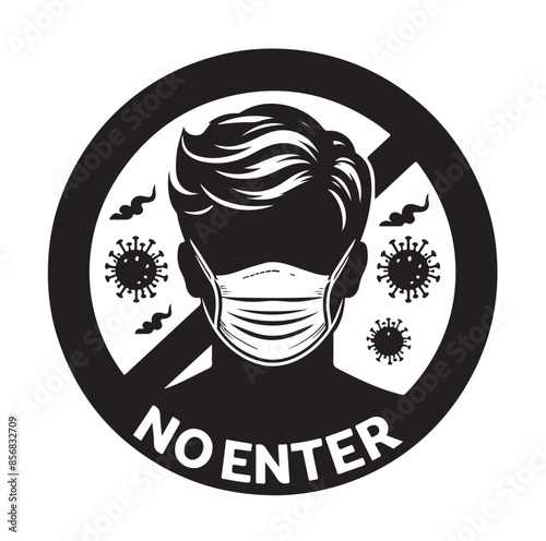 No entry without facemask. Warning sign for notice people, beware and wear face mask before enter area. Man, facemask required, coronavirus icon vector illustration