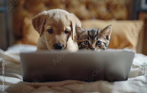 Pet cat and dog lying in front of laptop, cat and dog accompanying their owner to work