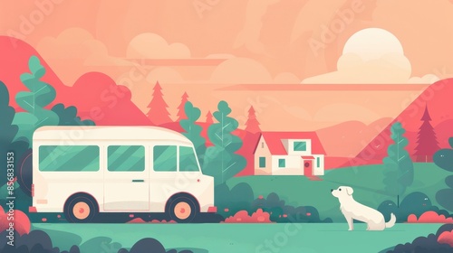Illustration of a serene countryside with a white van, cozy cabin, and a dog in a pastel-colored landscape. © kitinut
