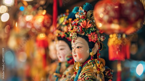 Muted colors and indistinguishable details of festive costumes and props.