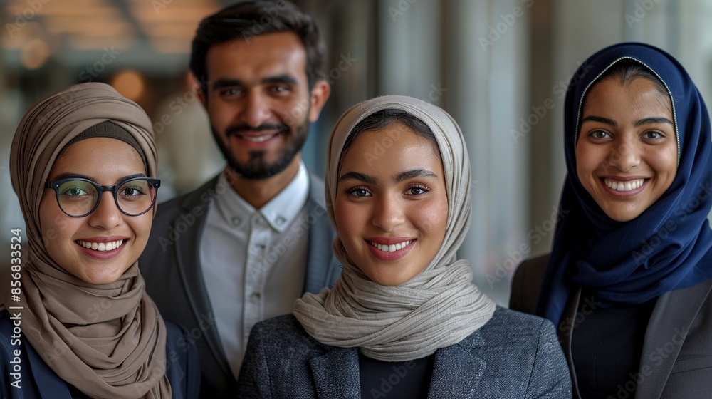 Smiling team of young arab office employees image. Hijab females with male colleague work meeting photography scene wallpaper. Business concept photorealistic photo Smiling team of young arab office employees image. Hijab females with male colleague work meeting photography scene wallpaper. Business concept photorealistic photo