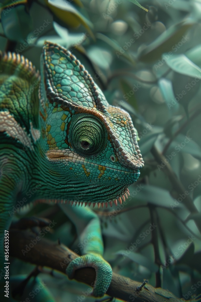 Obraz premium A close-up shot of a chameleon perched on a branch, looking straight ahead