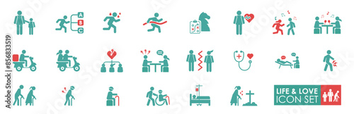 Life and Love, Solid icon set, friendship, care, and lifetime concept on a white background