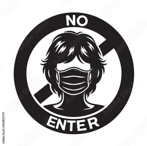 No entry without facemask. Warning sign for notice people, beware and wear face mask before enter area. Man, facemask required, coronavirus icon vector illustration