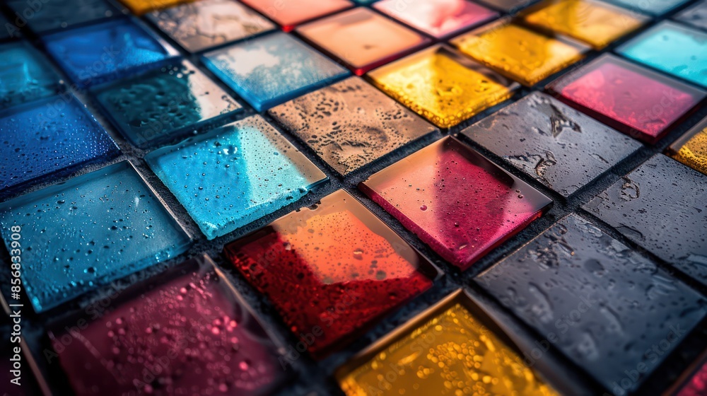 A colorful mosaic of glass tiles with water droplets on them A colorful mosaic of glass tiles with water droplets on them