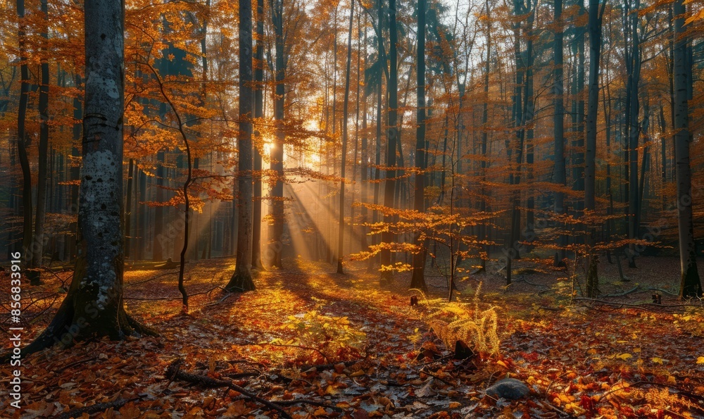 Fototapeta premium Sunlit forest in autumn