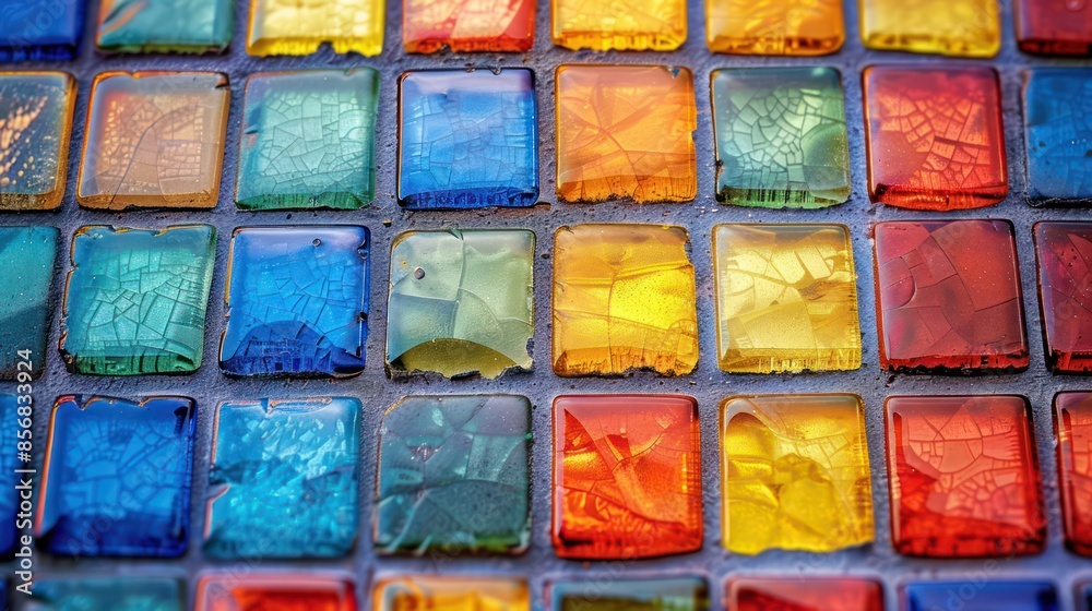 A mosaic of colorful glass tiles with a blue tile in the middle A mosaic of colorful glass tiles with a blue tile in the middle