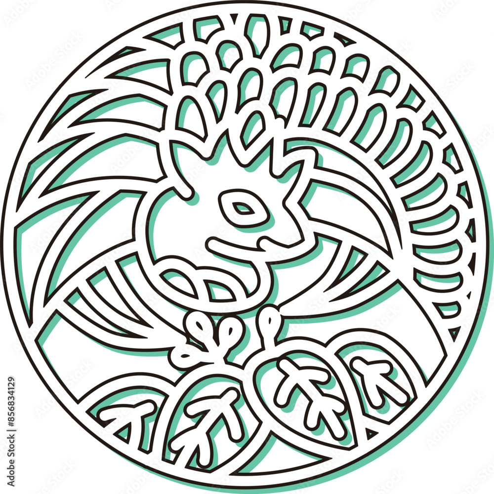 Fototapeta premium カラーシャドウの円形ミニ花札 師走 桐 鳳凰 12月 桐に鳳凰