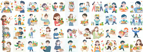 vector set of people carrying fruit in flat design style