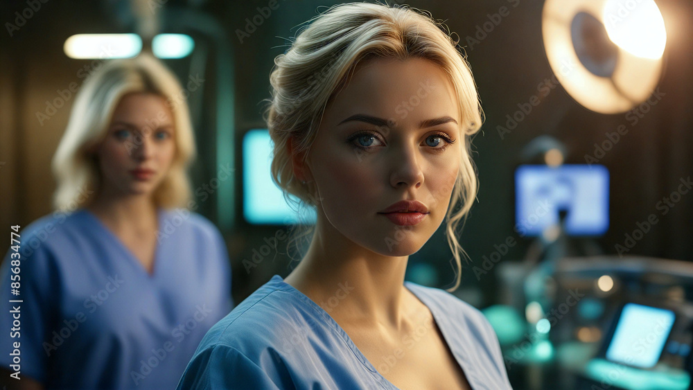 Fototapeta premium Portrait of a surgeon in an operating room surrounded by medical equipment and a team of doctors.