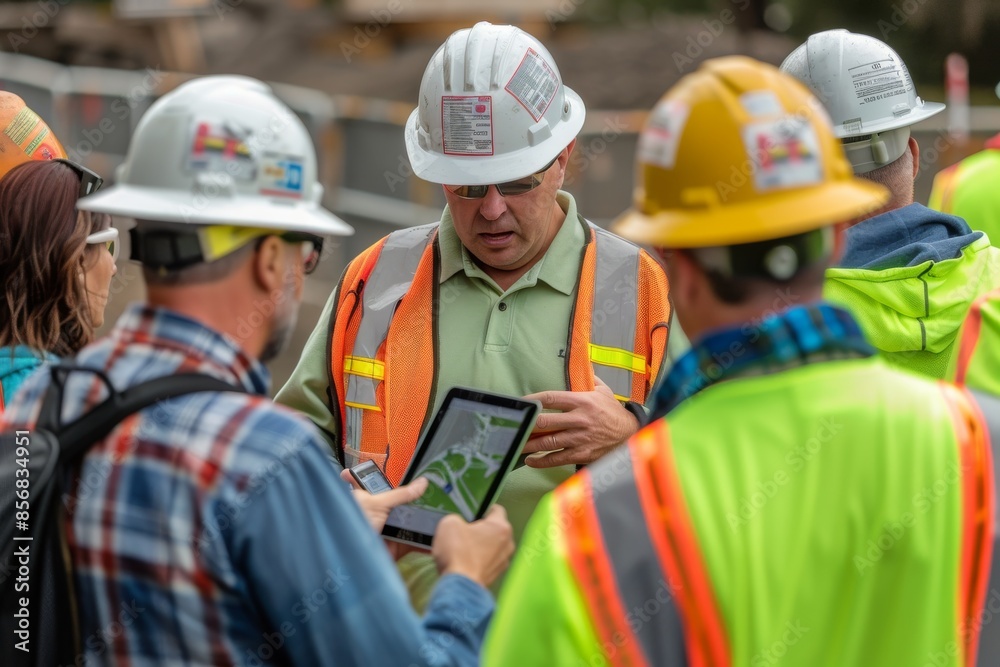 Construction workers in safety gear discuss plans on a tablet at a construction site Construction workers in safety gear discuss plans on a tablet at a construction site