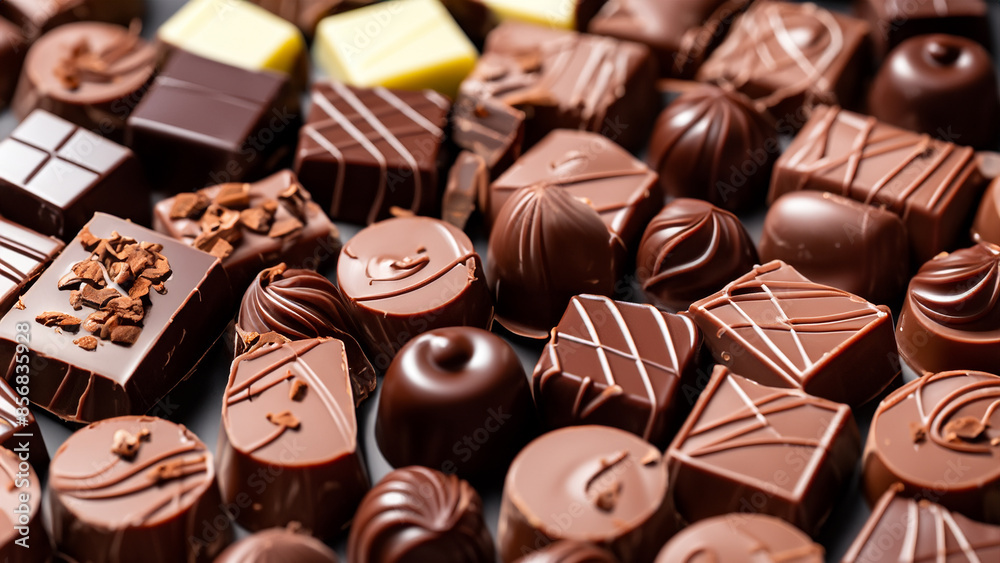 Close-up of assorted gourmet chocolates with various decorative toppings Close-up of assorted gourmet chocolates with various decorative toppings