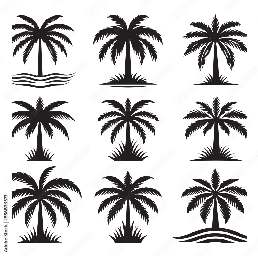 Black palm trees set isolated on white background. Palm silhouettes. Design of palm trees for posters, banners and promotional items. Vector illustration