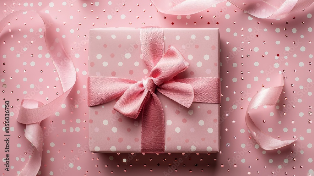 Polka dot background featuring a pink gift box with satin ribbon, perfect for special occasions, raw and detailed finish