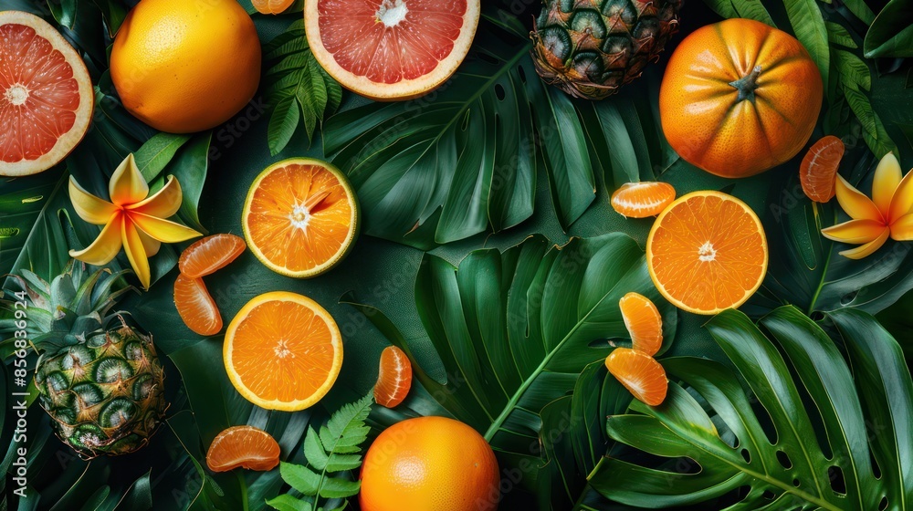 A bunch of oranges and grapefruit are on a green background A bunch of oranges and grapefruit are on a green background