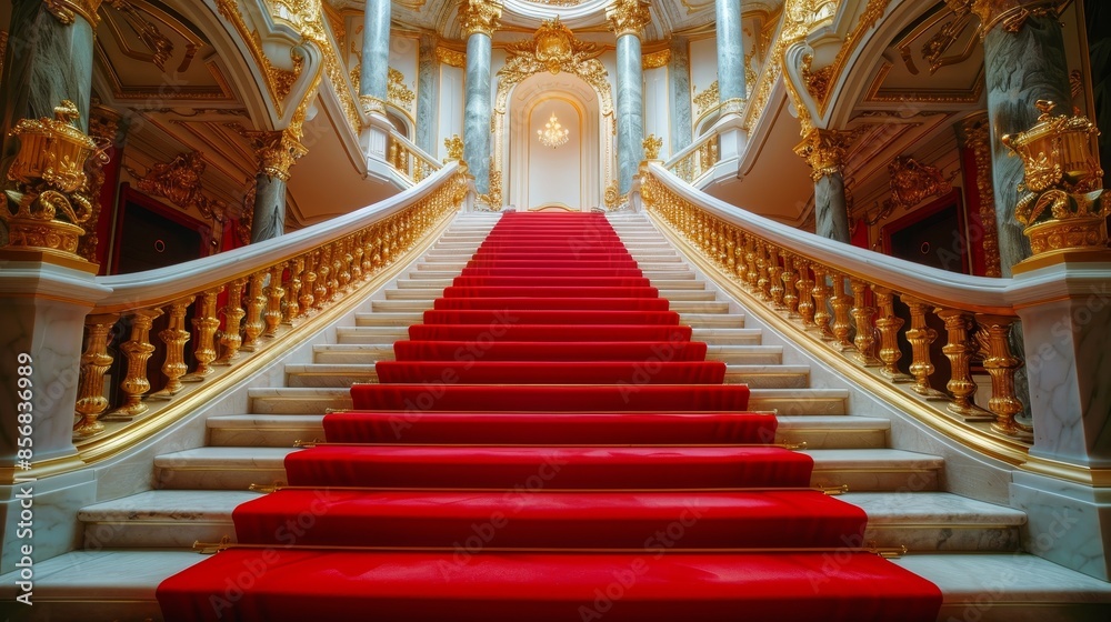 Red carpeted grand staircase with gold railings in an opulent hall, architectural and interior design concept, raw and refined detail Red carpeted grand staircase with gold railings in an opulent hall, architectural and interior design concept, raw and refined detail