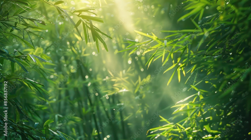 A lush green forest with sunlight shining through the trees A lush green forest with sunlight shining through the trees