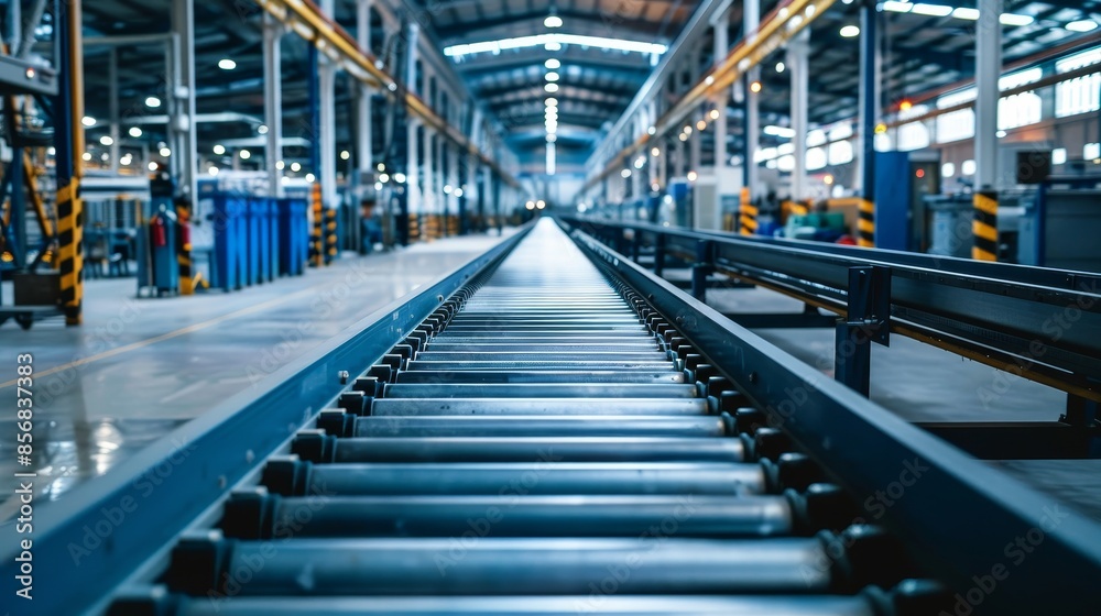 Fototapeta premium Smart factory setting with empty conveyor belts, illustrating modern industrial automation and production efficiency, raw style