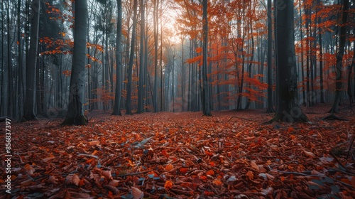 A forest with a lot of leaves on the ground © Thanaporn