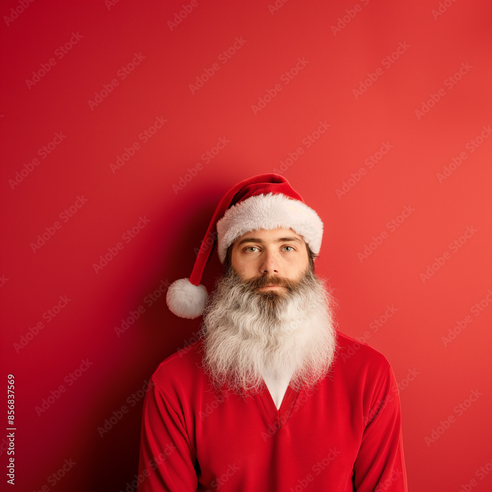 A minimalist portrait of Santa Claus, with his iconic white beard, stands out against a vibrant red Christmas background. Perfect for festive greetings and holiday designs.