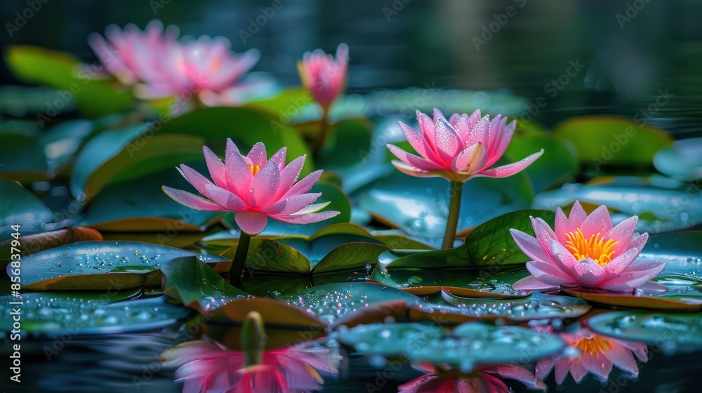 A group of pink flowers are floating on the surface of a pond