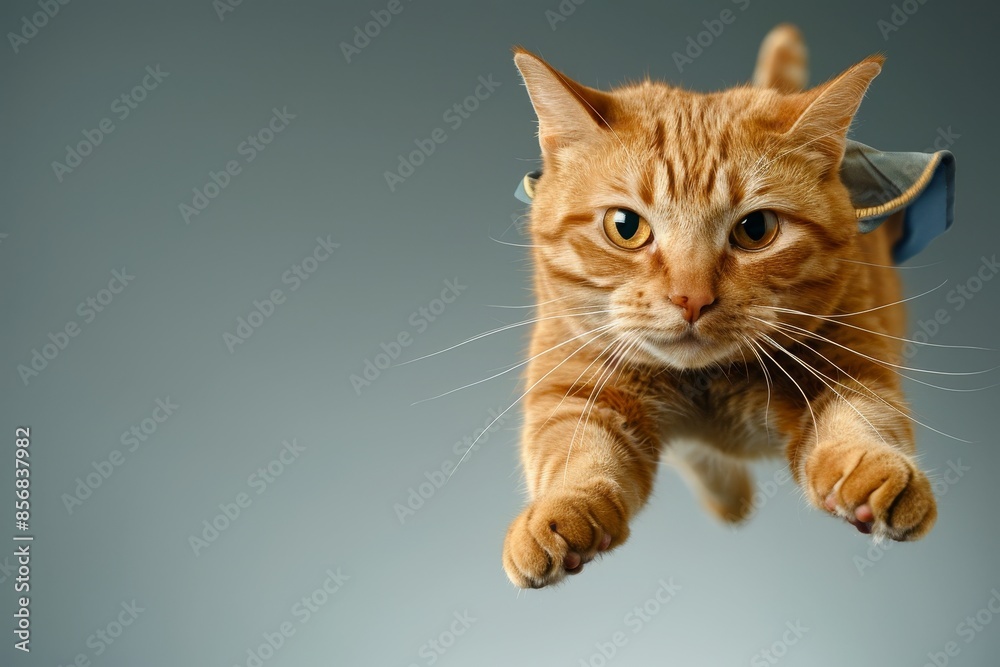 Feline superhero in flight on pastel gradient backdrop, ideal for text placement Feline superhero in flight on pastel gradient backdrop, ideal for text placement