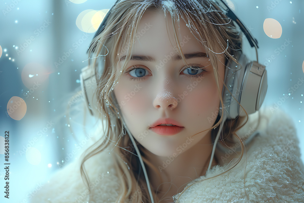 A photo of a cute girl model wearing headphones, featuring a bokeh effect and a cyberpunk style A photo of a cute girl model wearing headphones, featuring a bokeh effect and a cyberpunk style