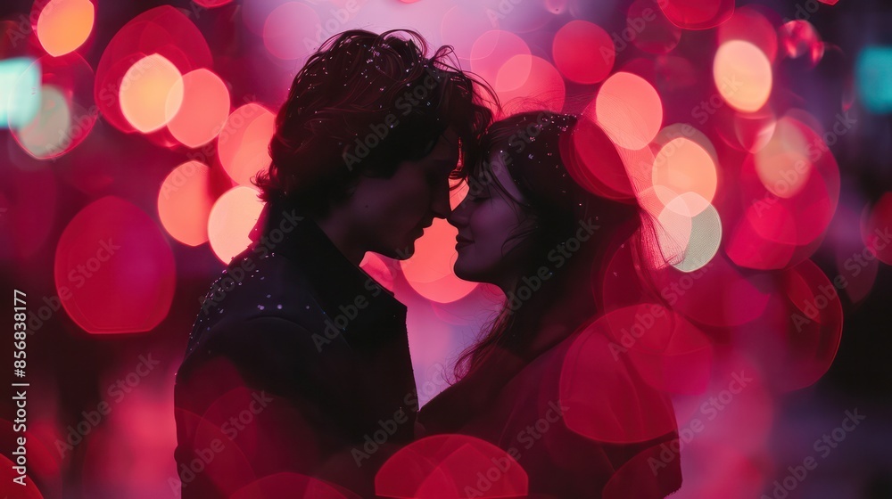 A couple is kissing in the middle of a blurry background A couple is kissing in the middle of a blurry background