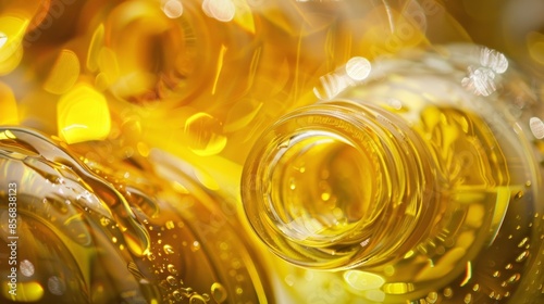 A closeup of a bottle of banana oil a lesserknown cooking oil made from the seeds of ripe tropical bananas with a smooth texture and slightly sweet taste. photo