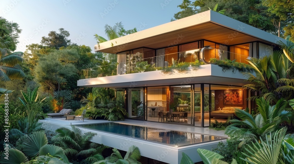 A luxurious modern house with a swimming pool surrounded by lush greenery taken at dusk showcasing exterior lighting A luxurious modern house with a swimming pool surrounded by lush greenery taken at dusk showcasing exterior lighting