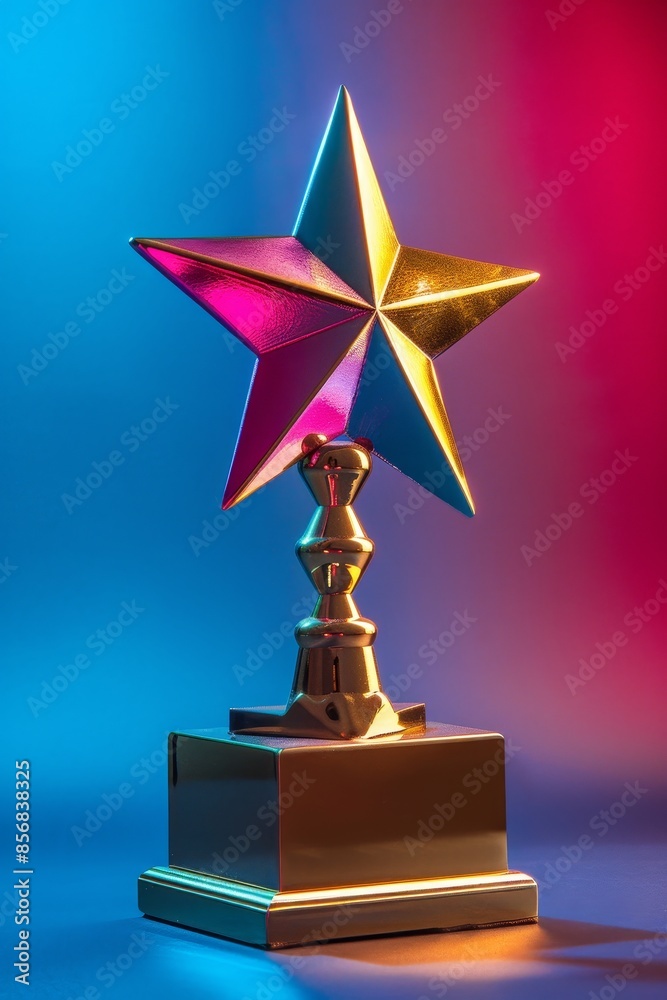 Vibrant star award with a golden base, colorful and modern, against a bold gradient background, symbolizing success, raw and detailed