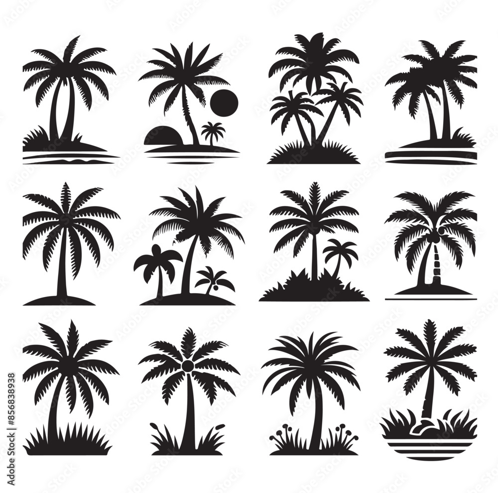 Black palm trees set isolated on white background. Palm silhouettes. Design of palm trees for posters, banners and promotional items. Vector illustration Black palm trees set isolated on white background. Palm silhouettes. Design of palm trees for posters, banners and promotional items. Vector illustration