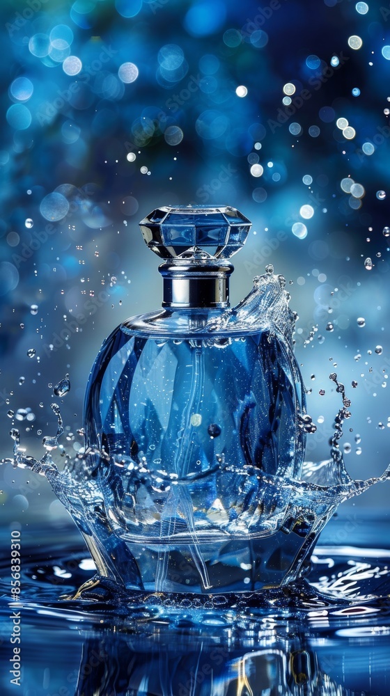 Blue perfume bottle splashing in water with bokeh background