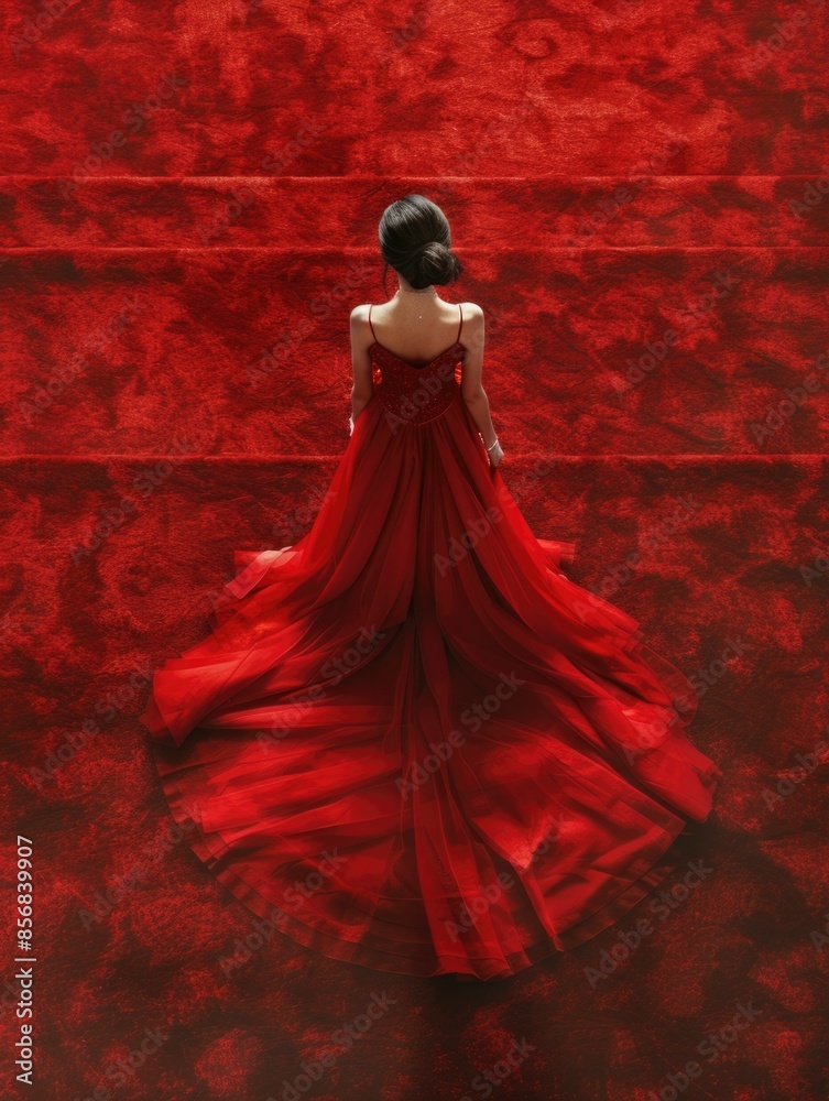 A woman stands on a red carpet wearing a red dress, ready for a special occasion A woman stands on a red carpet wearing a red dress, ready for a special occasion