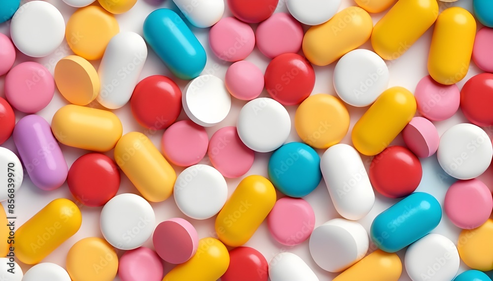 Capsules and tablets of various colors lay on the floor. Capsules and tablets of various colors lay on the floor.