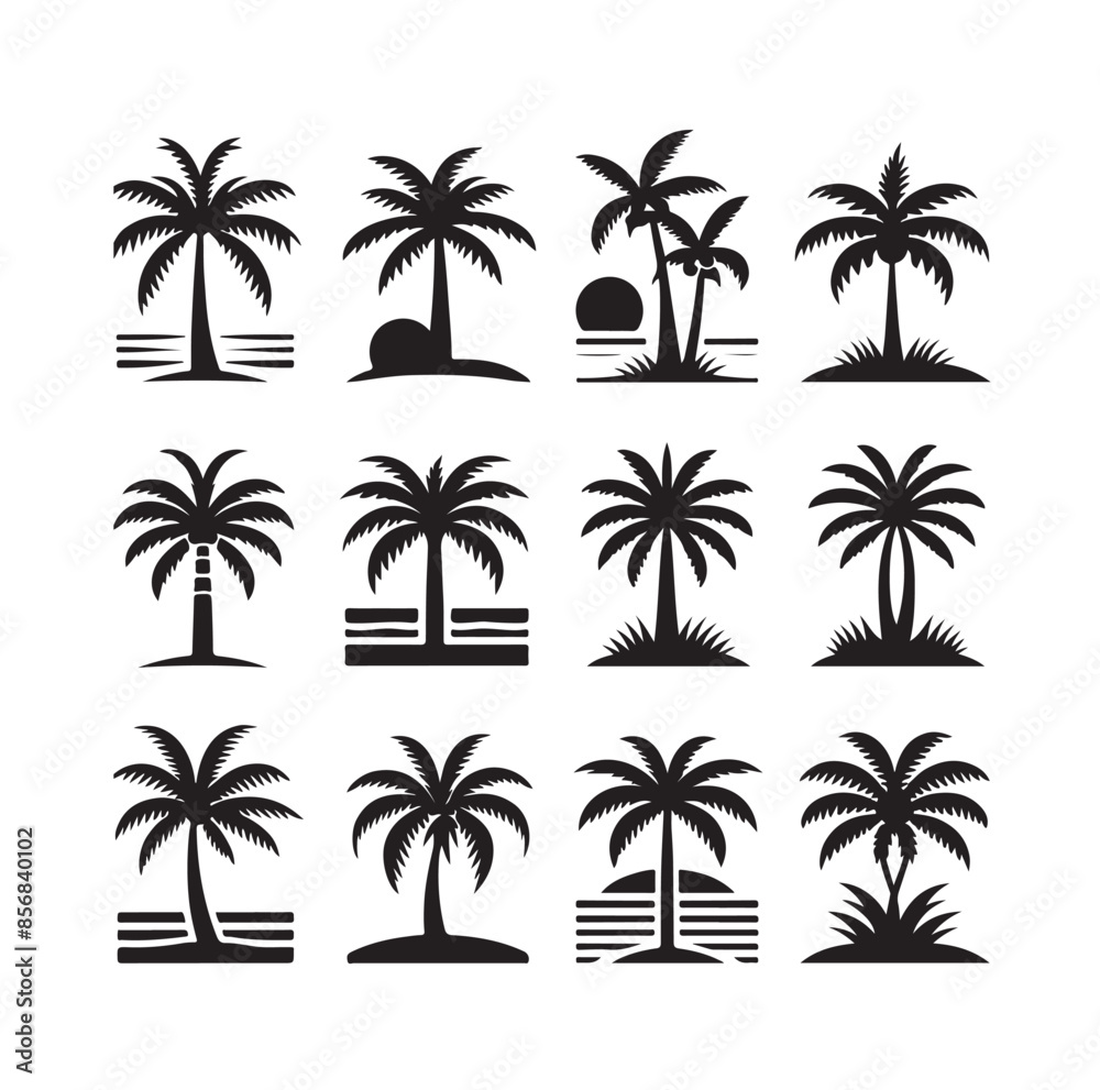 Fototapeta premium Black palm trees set isolated on white background. Palm silhouettes. Design of palm trees for posters, banners and promotional items. Vector illustration