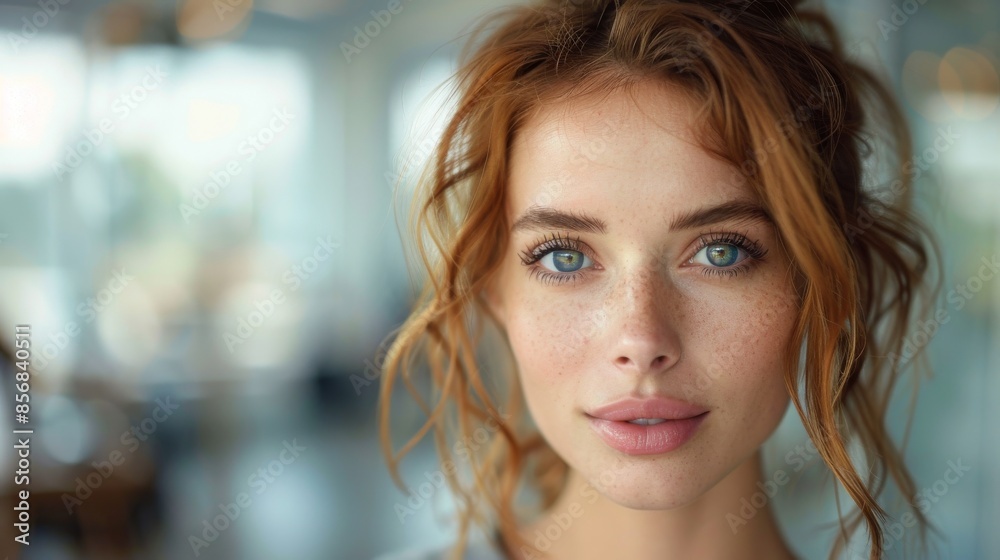 A high-resolution image capturing the detailed facial features and striking blue eyes of a young woman with a blurred background A high-resolution image capturing the detailed facial features and striking blue eyes of a young woman with a blurred background