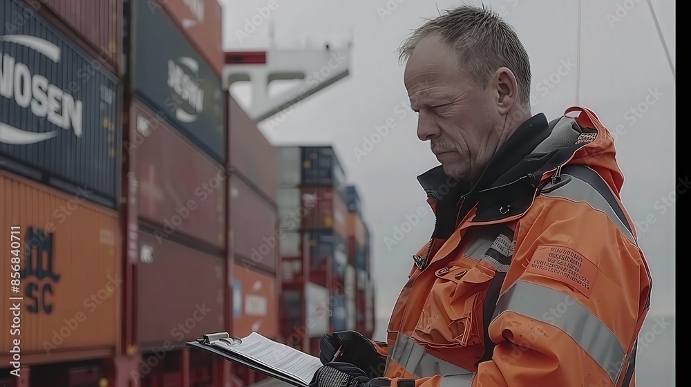 Fototapeta premium Dock Supervisor Inspecting Cargo Containers