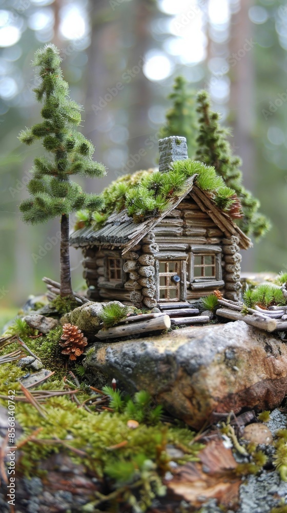 Miniature log cabin in the forest, detailed close-up. Model house and nature concept Miniature log cabin in the forest, detailed close-up. Model house and nature concept