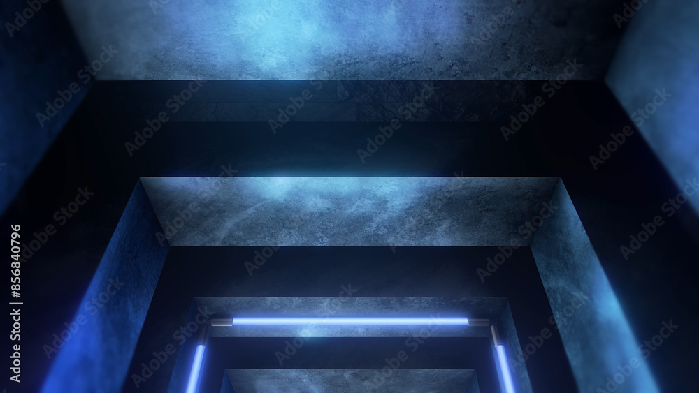 Inside an endless Sci-Fi style dark tunnel of square stone extrusions lit and edged with neon strip lights.