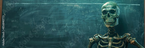 Skeletal Teacher by the Chalkboard - A wooden skeleton stands in front of a green chalkboard covered in white chalk writing, creating an eerie and educational atmosphere.