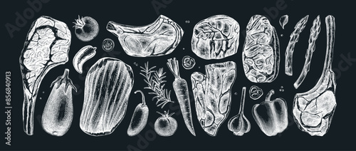 Healthy food sketches set. Meat and vegetable vector icons on chalkboard. Raw steaks drawings. Hand drawn food illustrations. NOT AI generated