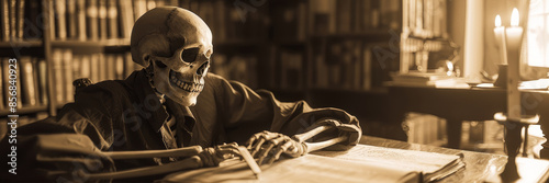 Wallpaper Mural Skeleton Reading in a Dimly Lit Library - A skeletal figure sits at a desk in a dimly lit library, reading an old book. The atmosphere is eerie and mysterious. Torontodigital.ca