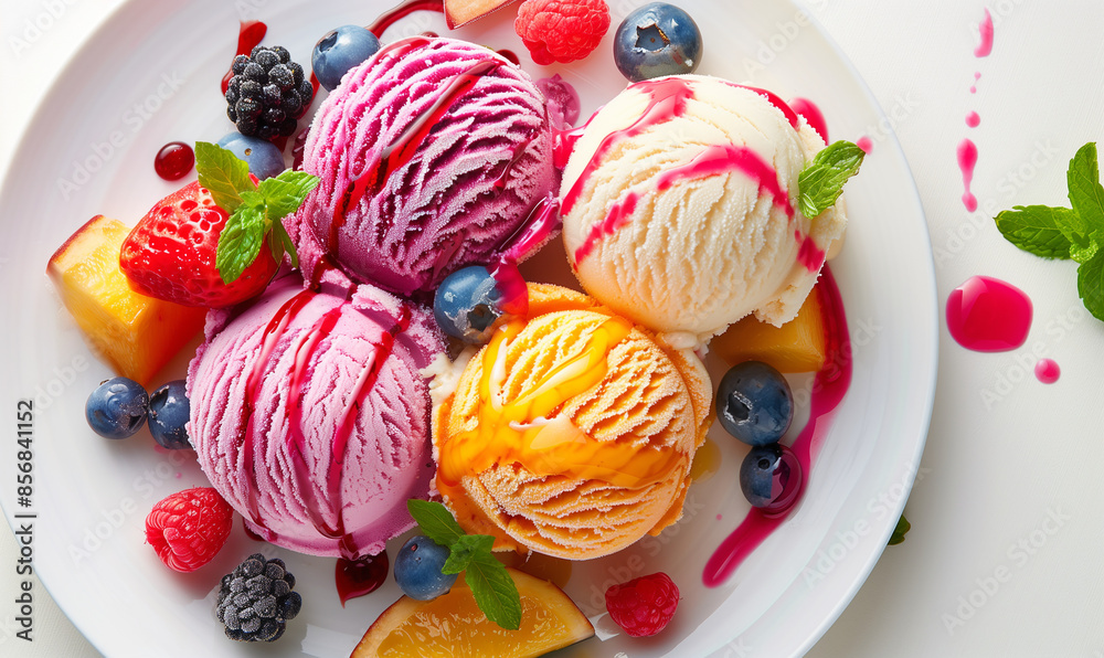 Unique Bright Ice Cream with Syrup and Delicious Berries
Unique Bright Ice Cream with Syrup and Delicious Berries