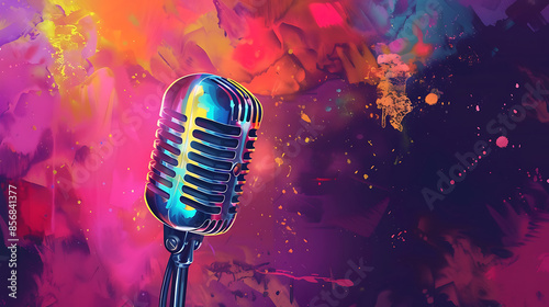 A isolated microphone on colorfull background with copy space . Open mic poster disco party. 
