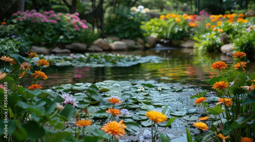 Fototapeta premium A garden with a pond full of lilies and flowers