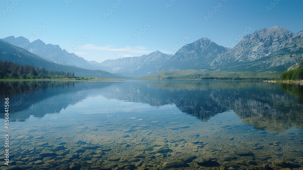 Naklejka premium A beautiful lake with mountains in the background