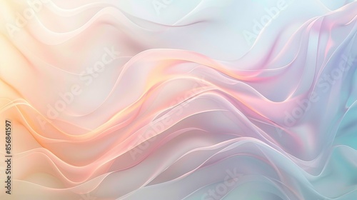 Abstract background featuring gentle, flowing waves in soft gradient pastel colors of pink, peach, and blue, creating a serene and calming effect. © Artastic